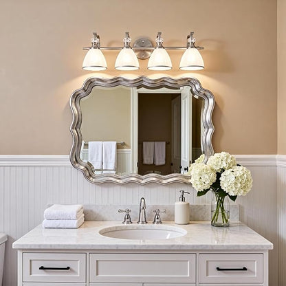 Bathroom Light Fixtures Over Mirror, 4-Light Brushed Nickel Vanity Lights for Bathroom, 27.8 Inch Vintage Wall Sconce with Milk White Bell Glass Shades, Rustproof Silver Finish, E26 Base