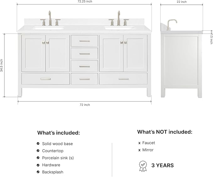 DKB Beckford 72 Inch Bathroom Vanity Double Sink — White Bathroom Vanity with Sink, 1.5" Edge Carrara White Quartz Countertop & Backsplash, 4 Soft-Close Doors, 6 Dovetail Drawers