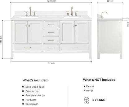 DKB Beckford 72 Inch Bathroom Vanity Double Sink — White Bathroom Vanity with Sink, 1.5" Edge Carrara White Quartz Countertop & Backsplash, 4 Soft-Close Doors, 6 Dovetail Drawers