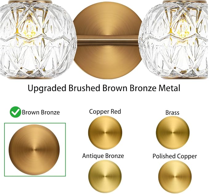 Brushed Gold Bathroom Vanity Light Fixture Vintage Style - 2 Light G9 Bulb Compatible, 17" Wide Bathroom Lighting Over Mirror with Hand-Etched Glass Shades, Easy Mount for Makeup Area