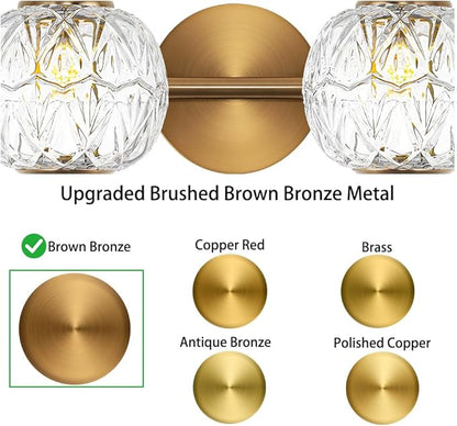 Brushed Gold Bathroom Vanity Light Fixture Vintage Style - 2 Light G9 Bulb Compatible, 17" Wide Bathroom Lighting Over Mirror with Hand-Etched Glass Shades, Easy Mount for Makeup Area