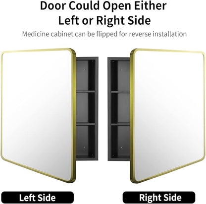 Movo Gold Metal Framed 24 Inch x 30 Inch Bathroom Medicine Cabinet with Mirror Aluminum Farmhouse Vanity Mirrors Recess or Surface Mount Installation