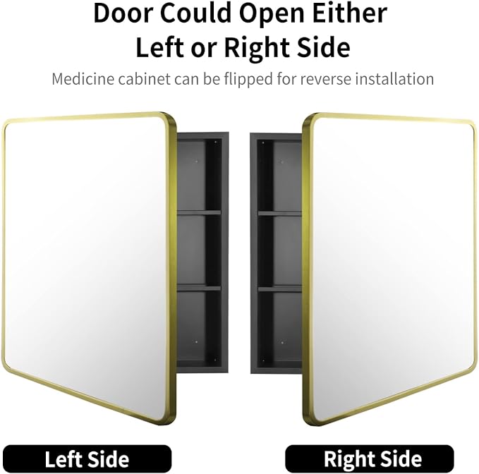 Movo Mirror Medicine Cabinet 20 Inch x 28 Inch Gold Metal Framed Bathroom Medicine Cabinet with Mirror Rectangle Recess or Surface Mount Installation