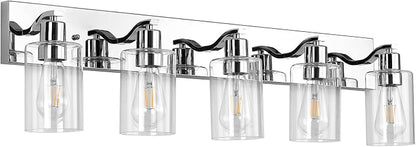 5 Lights Bathroom Light Fixtures Chrome Vanity Light with Clear Glass Shade 36in Modern Bathroom Lighting Fixtures Over Mirror for Bedroom/Living Room