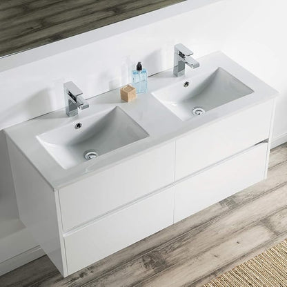 Blossom 48 Inch Double Bathroom Vanity Cabinet with Ceramic Sink, Wall Mounted Floating Vanity Cabinet, All Wood Bathroom Storage Organizer, Soft-Closing U-Shaped Cutout Drawers, Glossy White