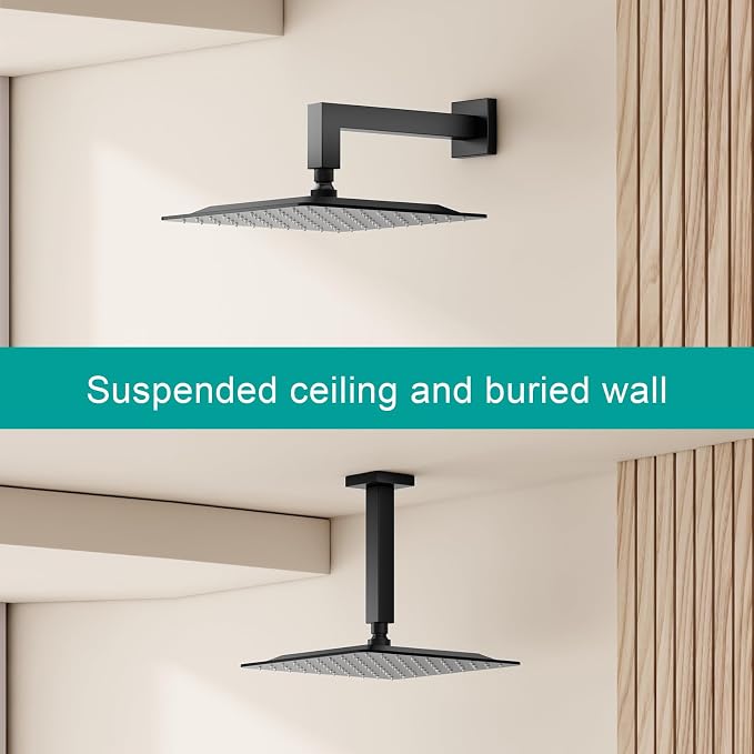 Square Rain Shower Head, High Flow Stainless Steel,Work with any decorative style，All Metal Rainfall Shower Head (Matte Black, 10)
