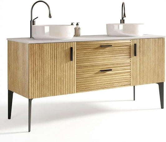 60" Double Bathroom Vanity with Sink Combo, Mid-Century Modern Bath Cabinet with 2 Doors & 2 Drawers, Large Storage for Bar, Hotel, Apartment, Natural Oak