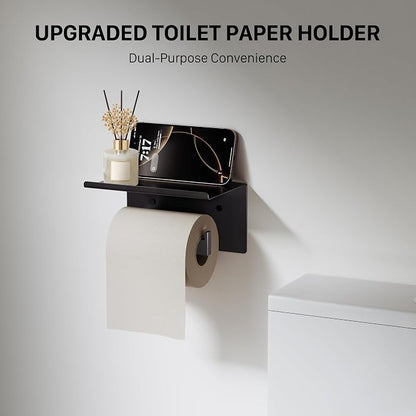 10-Piece 23.6 Inch Matte Black Bathroom Hardware Accessories Set | Stainless Steel Bath Extended Towel Bar, Toilet Paper Holder with Shelf, Towel Hooks, Square Towel Ring Wall Mounted