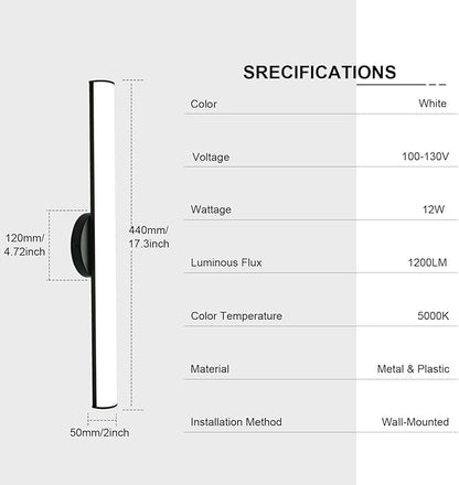 OOWOLF Bathroom Vanity Light, Adjustable Brightness 12W 17.3inch Bathroom Light Fixtures,1200LM Led Vanity Bar, 5000K Natural White, Wall Lamp for Mirror Kitchen Living Room Hallway Cabinet Porch