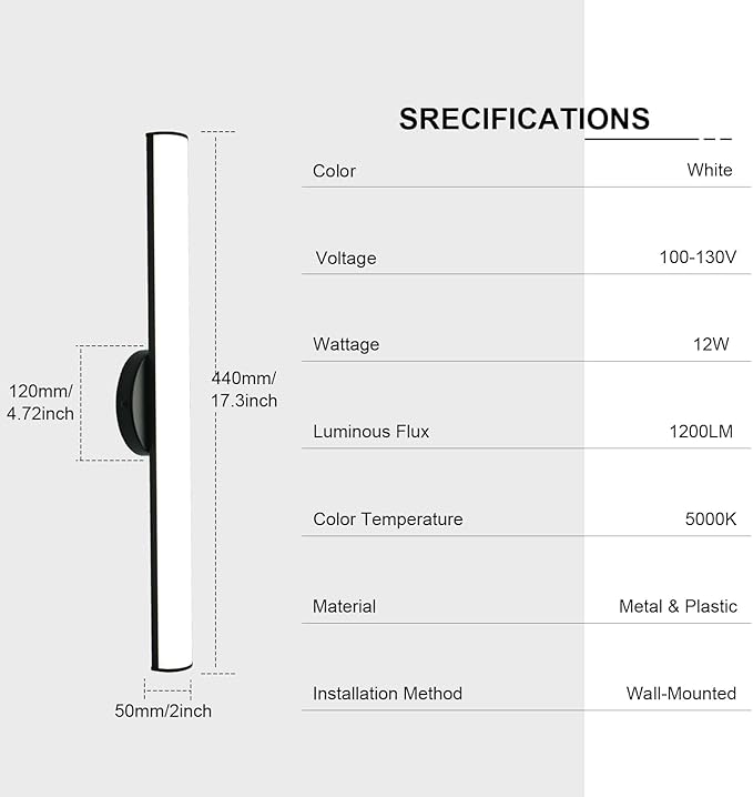 OOWOLF 2 Pack Bathroom Vanity Light, Adjustable Brightness 12W 17.3inch Bathroom Light Fixtures,1200LM Led Vanity Bar, 5000K Natural White, Wall Lamp for Mirror Kitchen Living Room Hallway Cabinet