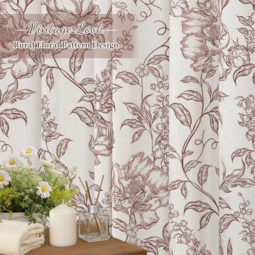 Burgundy Boho Linen Fabric Shower Curtain ,Farmhouse Floral For Bathroom