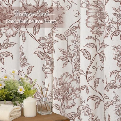 Burgundy Boho Linen Fabric Shower Curtain ,Farmhouse Floral For Bathroom
