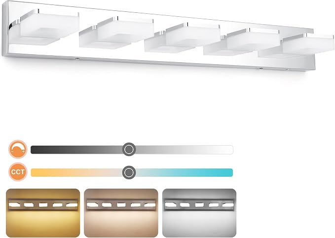 3 Colors Dimmable Bathroom Light Fixtures over Mirror LED Chrome Vanity Lighting Fixtures Acrylic Stainless Steel 5 Light Bathroom Vanity Light Fixtures, Adjustable 3000K/4000K/6000K, 360° Rotate