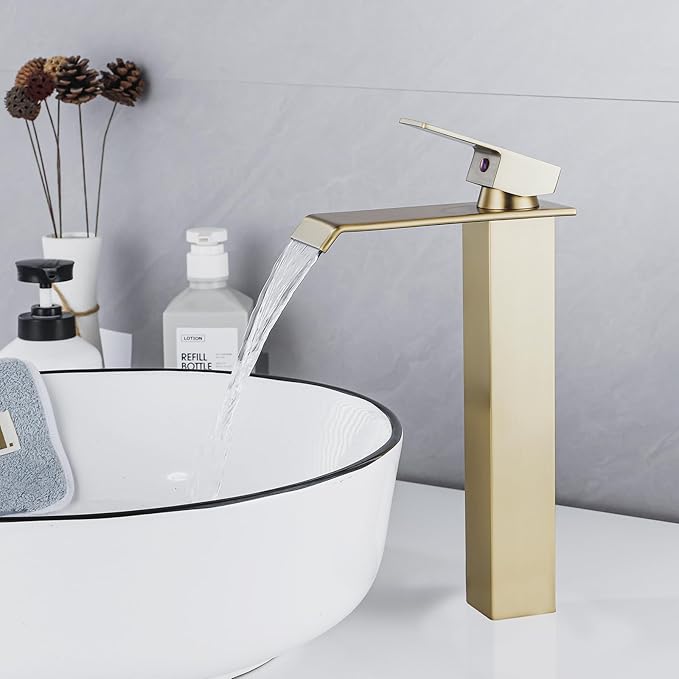 Bathroom Vessel Sink Faucet Brushed Gold, Waterfall Bathroom Faucet, Vessel Faucet, Tall Body High 1 Hole Single Handle with Pop Up Drain Combo Vanity Mixer Tap Commercial Basin Bowl Sink