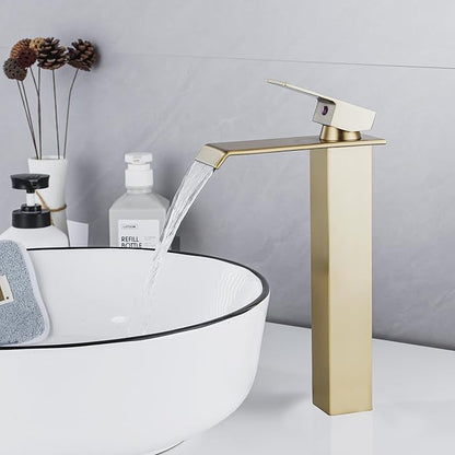 Bathroom Vessel Sink Faucet Brushed Gold, Waterfall Bathroom Faucet, Vessel Faucet, Tall Body High 1 Hole Single Handle with Pop Up Drain Combo Vanity Mixer Tap Commercial Basin Bowl Sink