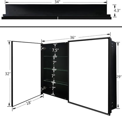 Medicine Cabinet with Aluminum Framed Mirror,36"x32" Surface Mount or Recessed Mount Bathroom Vanity Mirror,Single Door Bathroom Mirror with Storage Cabinet