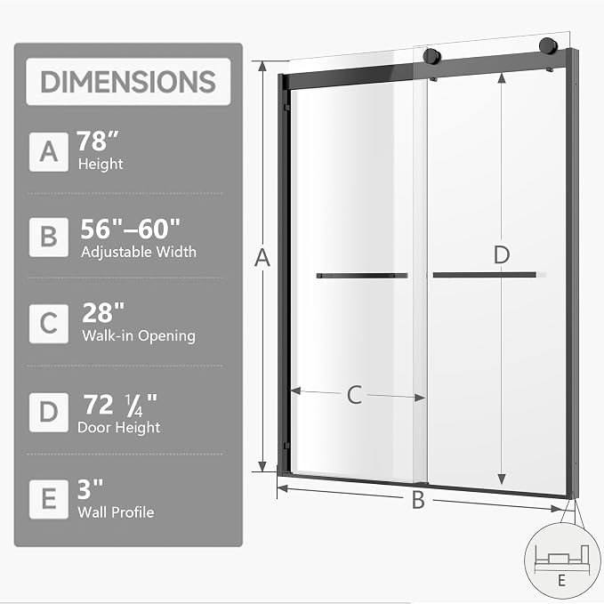 Shower Door Double Sliding Semi-Frameless Shower Door 56-60" W × 78" H Sliding Shower Door, 3/8" (10mm) Thick Tempered Clear Glass with Explosion-Proof Film, Bathroom Glass Door, Matte Black
