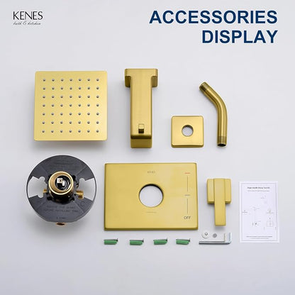 KENES Shower Set with Tub Faucet, Brushed Gold Tub Shower Faucet Set | Shower Faucet with 6-Inch Rain Shower Head, Square Shower System, Valve Included, Lead-Free cUPC & NSF Certified, Stainless