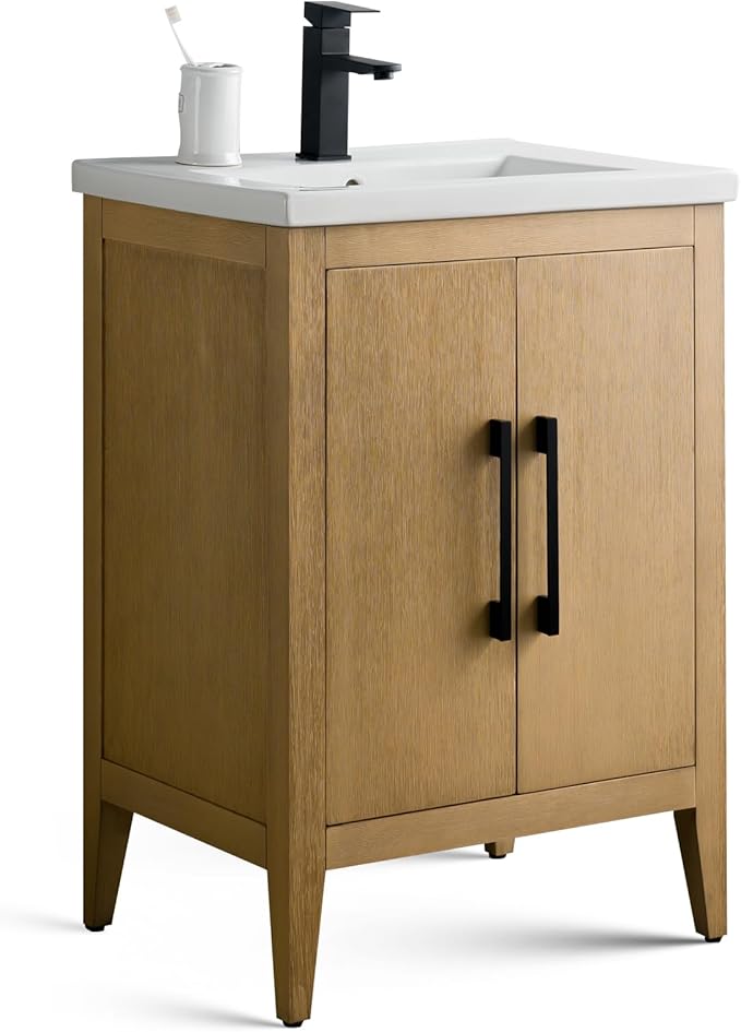 HomeBeyond 24 Inch Bathroom Vanity with Sink & Ceramic Top, Single Vanity Cabinet with Basin, Soft-Closing Doors & Matte Black Hardware, Natural Oak
