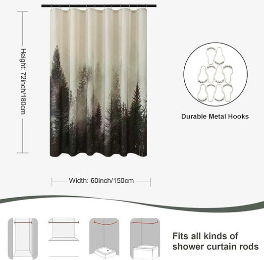 ORTIGIA Dark Green Misty Forest Linen Shower Curtain Nature Mountain Tree Woodland Shower Curtain Set for Bathroom Heavy Blend Fabric Curtains with 10 Metal Hooks 60x72 Inch