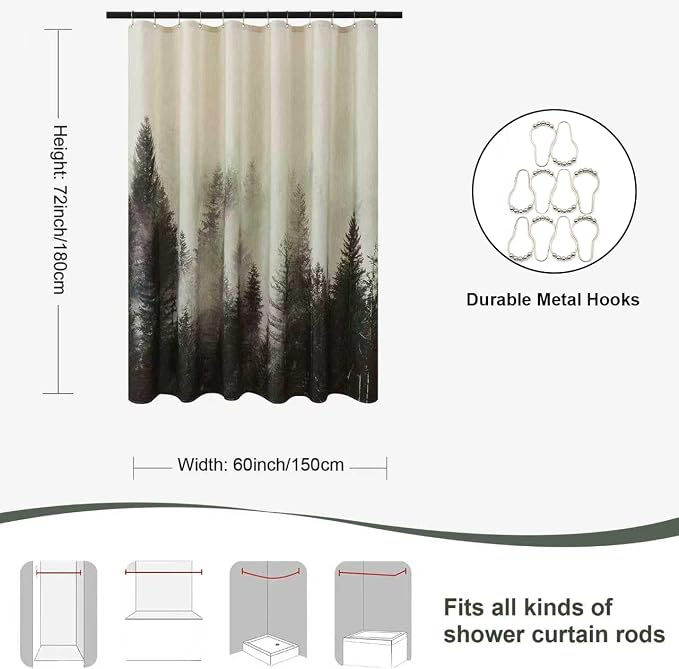 ORTIGIA Green Misty Forest Linen Shower Curtain Nature Mountain Tree Woodland Shower Curtain Set for Bathroom Heavy Blend Fabric Curtains with 10 Metal Hooks 60x72 Inch