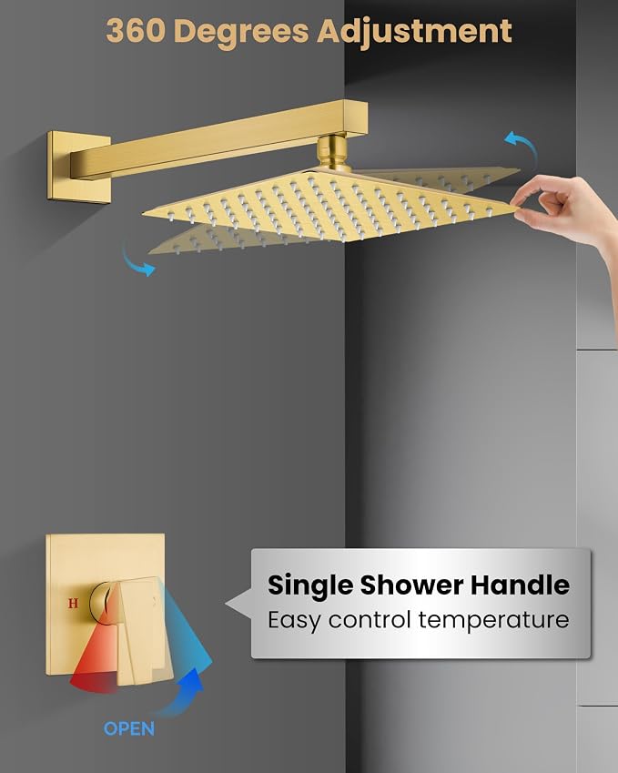 Airuida 8 Inch Brushed Gold Shower Faucet Set,Shower Valve Kit | Rainfall Shower Head and Handle Set,Female Thread Rough-in Valve Shower Kit,Single Function Shower System