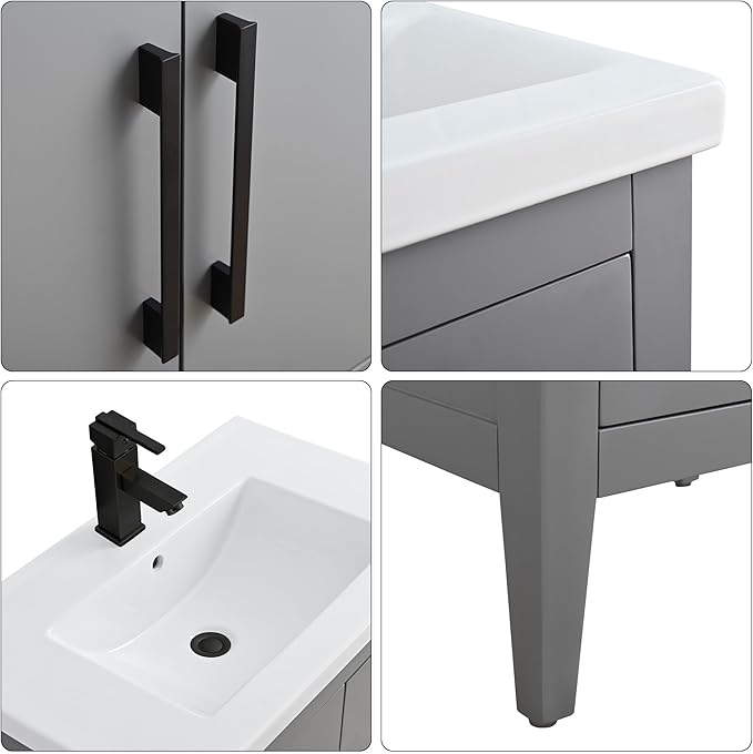 HomeBeyond 30 Inch Bathroom Vanity with Sink & Ceramic Top, Single Vanity Cabinet with Basin, Soft-Closing Doors & Matte Black Hardware, Grey
