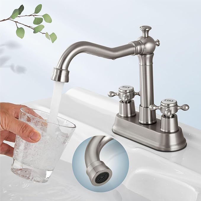 Aolemi 4 Inch Centerset Bathroom Sink Faucet Vintage 2 Cross Handle RV Mixer Tap Basin Vanity Lavatory Utility for Sink 3 Hole Include Hoses Pop Up Drain Faucet Handle with Label Brushed Nickel