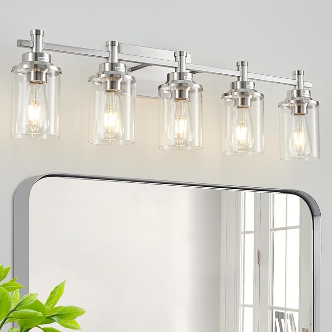 5 Lights Bathroom Light Fixtures, Brushed Nickel Vanity Light with Clear Glass Shade,Modern Wall Sconce for Mirror Bedroom Hallway Farmhouse Kitchen