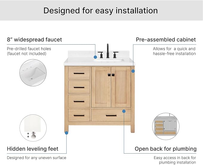 ARIEL Cambridge 36-inch Bathroom Vanity with Sink,Solid Wood, 1.5-inch Carrara White Quartz Countertop, Single Rectangular Porcelain Sink, 2 Soft Closing Doors, 5 Dovetail Drawers, White Oak