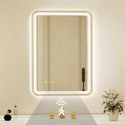20x28 Inch Gold Framed LED Bathroom Mirror with Lights,Smart Bathroom Mirror,Motion Sensor,Anti-Fog,Stepless Dimmable & 3 Colors,Memory,Vanity Mirror for Wall