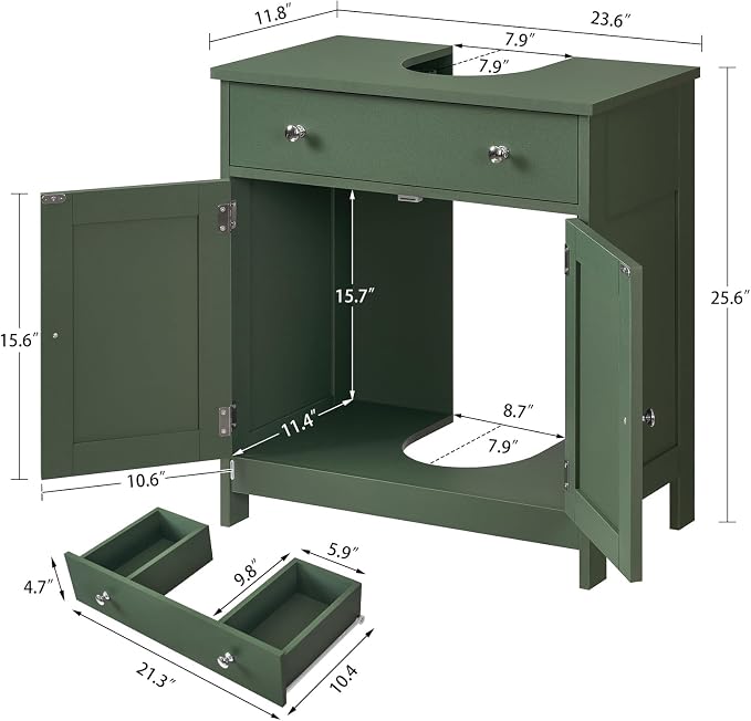 TEENFON Pedestal Sink Storage Cabinet with 2 Doors and Drawer, Bathroom Sink Cabinet, Under Sink Cabinet with U-Shape Cut-Out, Green