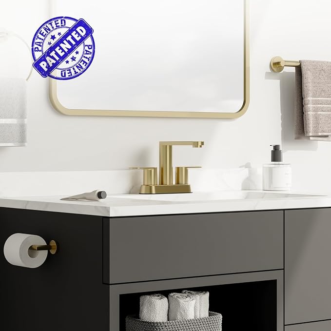 BWE Brushed Gold Bathroom Faucets 4 Inch Centerset Faucet for Bathroom Sink | 2 or 3 Hole Basin 2-Handle 360° Swivel Spout Bathroom Sink Faucet with Pop up Drain Water Supply Hose for Farmhouse Vanity RV