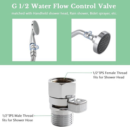APLusee G 1/2 Water Flow Shut off Valve for Bathroom Shower Head, Chrome | Solid Brass, Adjustable Shower Flow Restrictor with On Off Switch for Family, Control and Save Water