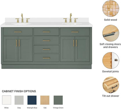 ARIEL Hepburn 72-inch Bathroom Vanity with Sink,Solid Wood, 1.5-inch Pure White Quartz Countertop & Backsplash, Double Oval Porcelain Sink, 4 Soft Closing Doors, 6 Dovetail Drawers, Vintage Green
