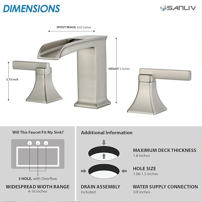 Brushed Nickel Waterfall Bathroom Faucet, Sanliv 3-Piece Wide Spread Bathroom Faucets for 3-Hole Sinks 4-8 inch, 2-Handle Vanity Faucet with Drain Assembly, Brushed Nickel