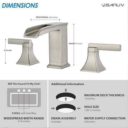 Brushed Nickel Waterfall Bathroom Faucet, Sanliv 3-Piece Wide Spread Bathroom Faucets for 3-Hole Sinks 4-8 inch, 2-Handle Vanity Faucet with Drain Assembly, Brushed Nickel