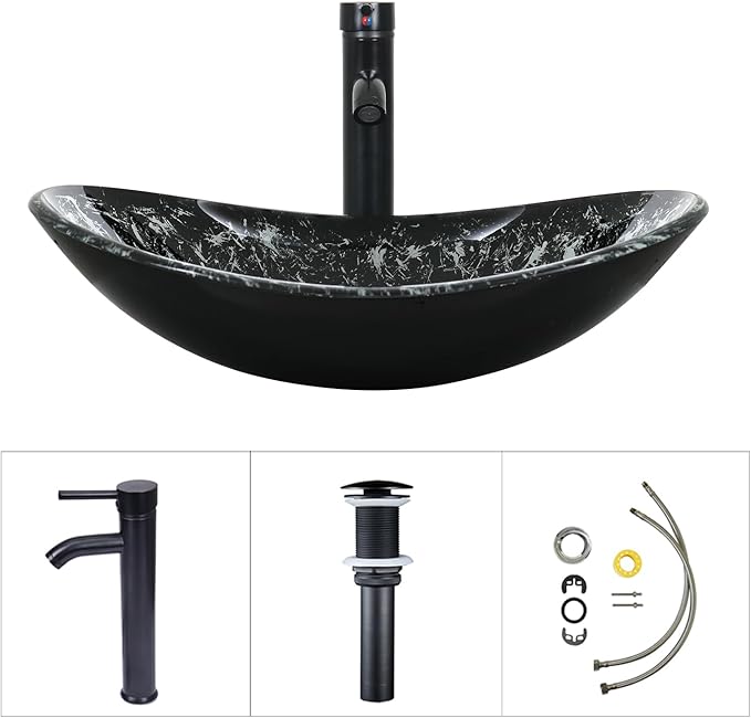 Bathroom Boat Shape Artistic Glass Vessel Sink with Chrome Faucet and Pop-up Drain Set, Black