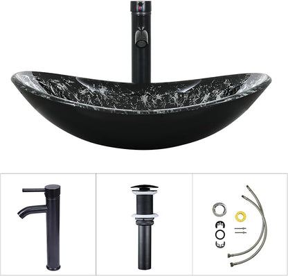 Bathroom Boat Shape Artistic Glass Vessel Sink with Chrome Faucet and Pop-up Drain Set, Black