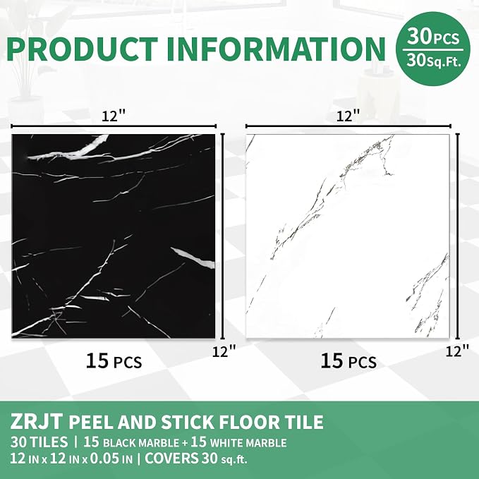 30-Pack 30 Sq.Ft Peel and Stick Floor Tiles Vinyl Matte Pattern Flooring, 12” x 12” Self Adhesive Vinyl Flooring DIY for Kitchen, Bathroom, Laundry, Black&White Marble