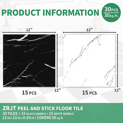 30-Pack 30 Sq.Ft Peel and Stick Floor Tiles Vinyl Matte Pattern Flooring, 12” x 12” Self Adhesive Vinyl Flooring DIY for Kitchen, Bathroom, Laundry, Black&White Marble