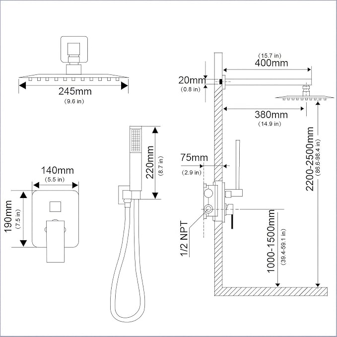 SaniteModar Shower Faucet Set 8 Inch, Matte Black Shower System | Rainfall Shower Head with Handheld Combo Spray, High Pressure Shower Combo Set Included Brass Valve and Trim kit