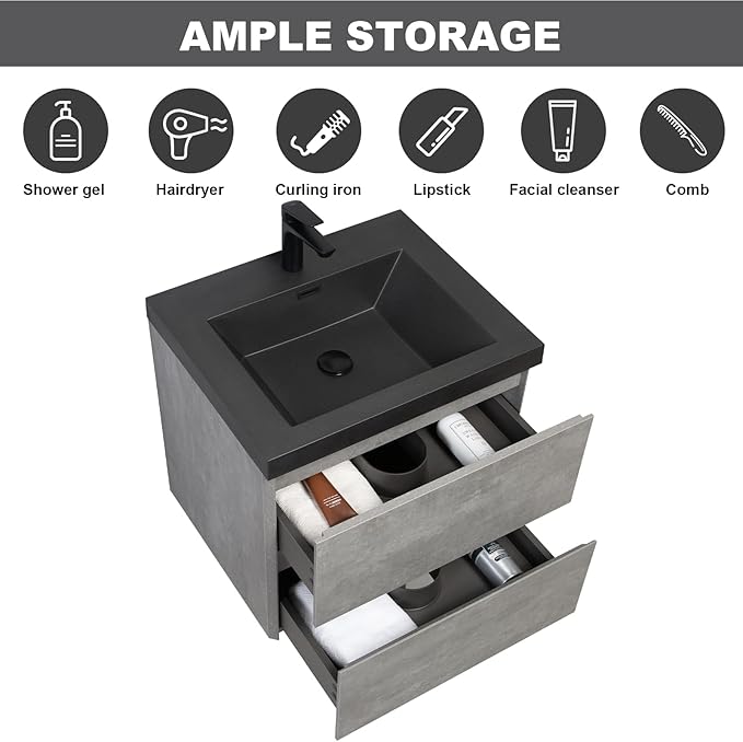 Wall Mounted 24 Inch Bathroom Vanity with Sink, Floating Vanity Bathroom, Single Sink Bathroom Vanity, 2 Drawers, Resin Integrated Sink (Dark Birch)