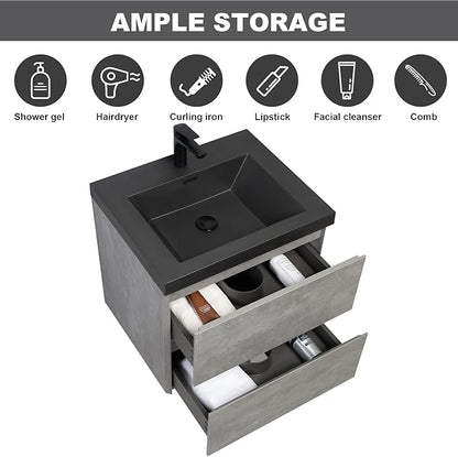 Wall Mounted 24 Inch Bathroom Vanity with Sink, Floating Vanity Bathroom, Single Sink Bathroom Vanity, 2 Drawers, Resin Integrated Sink (Dark Birch)