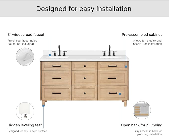 ARIEL Monroe 66-inch Bathroom Vanity with Sink,Solid Wood, 1.5-inch Pure White Quartz Countertop & Backsplash, Double Oval Porcelain Sink, 9 Dovetail Drawers, Matte Black, White Oak