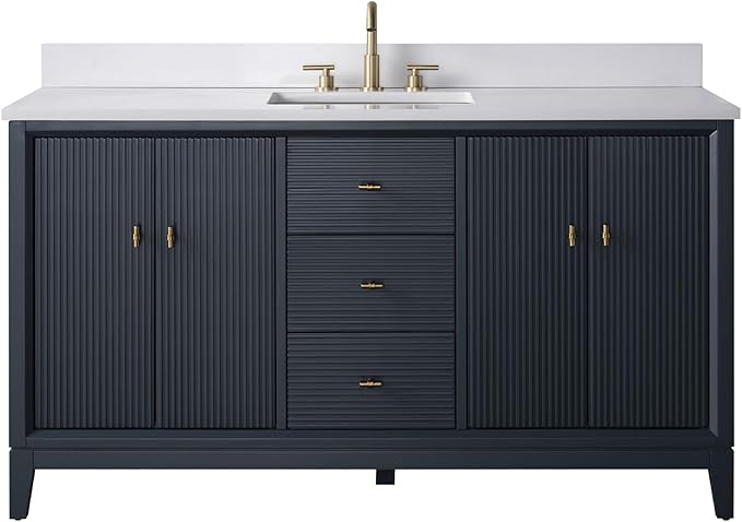 Vanity Art 60" Bathroom Vanity with Single Sink & Arabescato White Engineered Stone Top, Soft Closing Door, Solid Wood Frame, Golden Brushed Handles, Vintage Spruce Blue VA8160S-VSB-GB