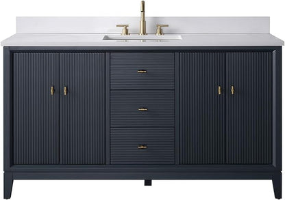 Vanity Art 60" Bathroom Vanity with Single Sink & Arabescato White Engineered Stone Top, Soft Closing Door, Solid Wood Frame, Golden Brushed Handles, Vintage Spruce Blue VA8160S-VSB-GB