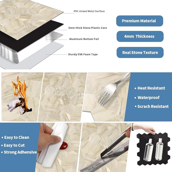10-Sheet Heavy-Duty Hexagon Peel and Stick Backsplash, Thick Waterproof &Heat Resistant Stick on Wall Tiles, Slate Beige Mosaic for Kitchen & Bathroom, Strong Adhesive Permanent PVC Tiles