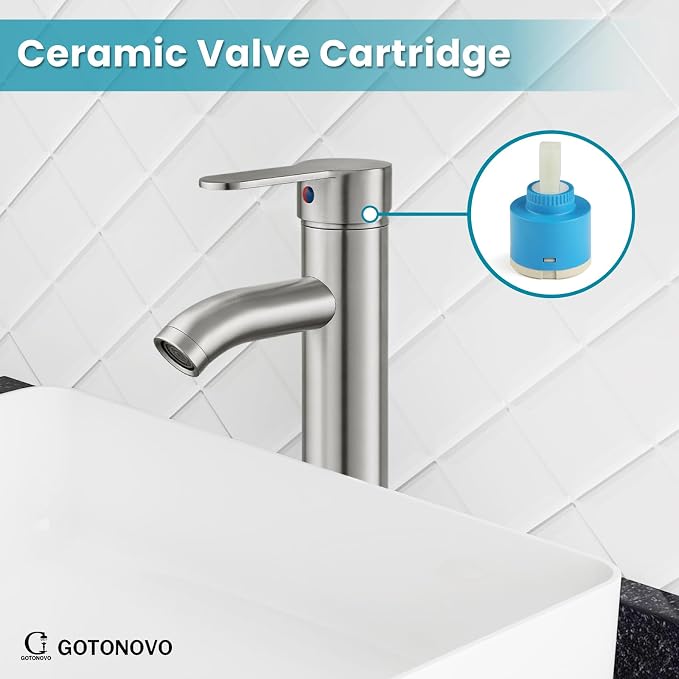 gotonovo Modern Vessel Sink Faucet with ABS Pop Up Drain, Brushed Nickel | Modern Tall Bathroom Faucet 1 Hole Single Handle Round Body, cUPC Water Supply Hoses, Basin Mixer Tap for Vanity Lavatory Rv