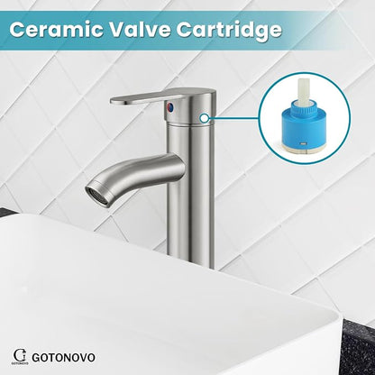 gotonovo Modern Vessel Sink Faucet with ABS Pop Up Drain, Brushed Nickel | Modern Tall Bathroom Faucet 1 Hole Single Handle Round Body, cUPC Water Supply Hoses, Basin Mixer Tap for Vanity Lavatory Rv